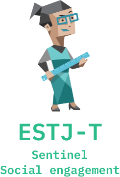 illustration of a woman with glasses, angry look and a ruler in hands and acronym ESTJ-T